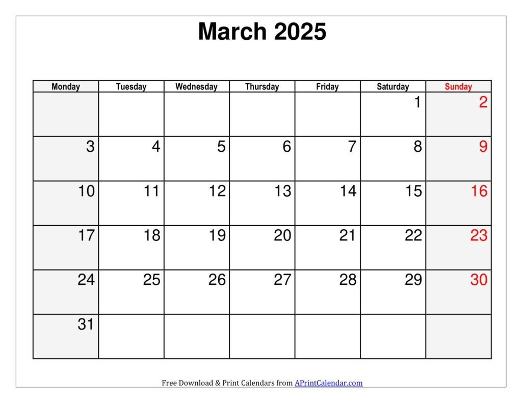 March 2025 Calendar Monday Start