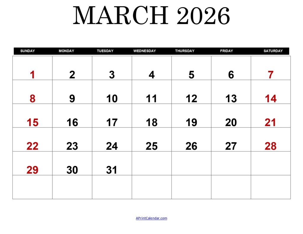 March 2026 Calendar Printable