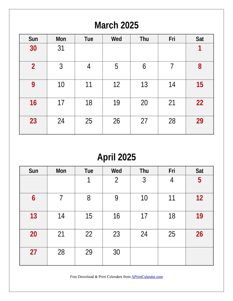 March and April 2025 Calendar