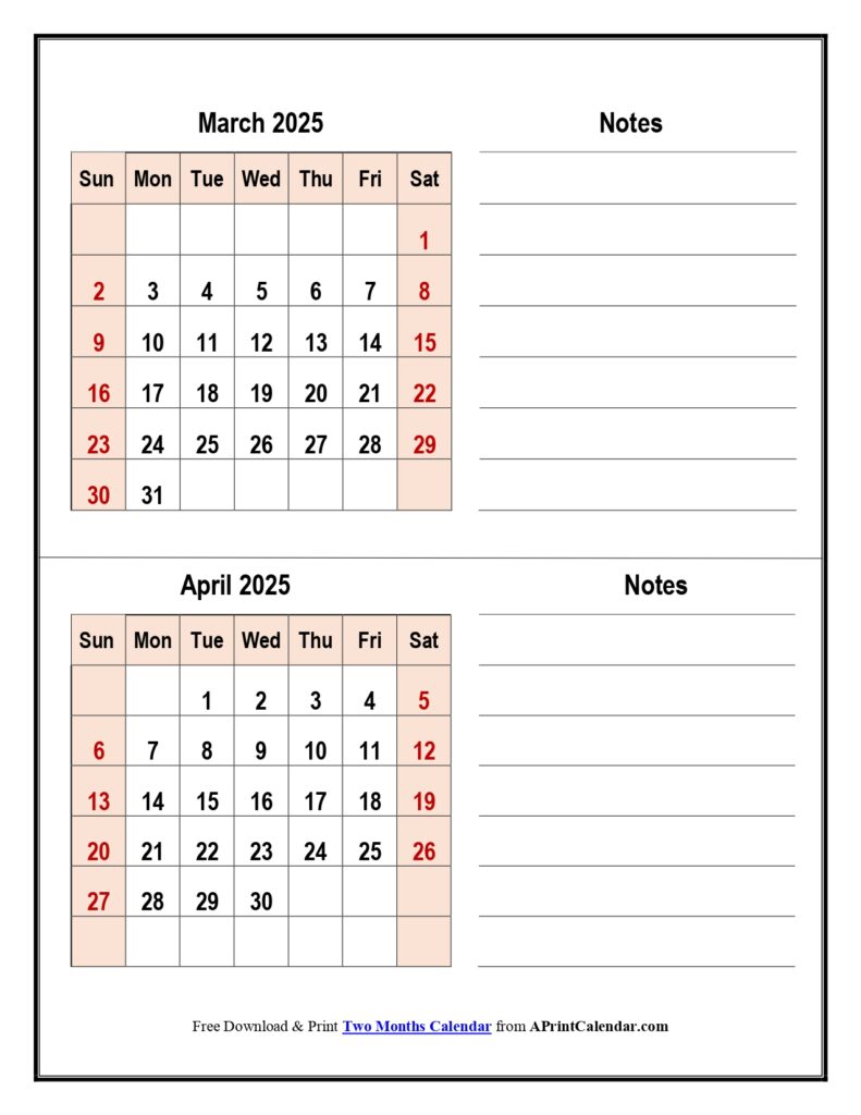 March and April 2025 Calendar with Notes