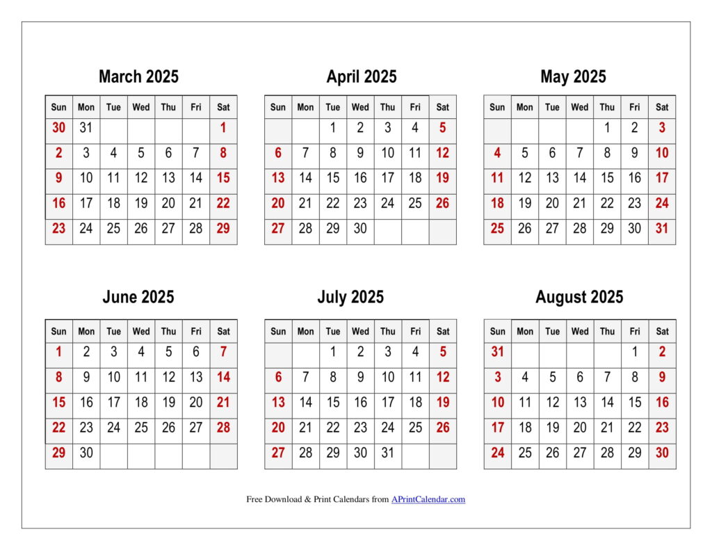 March to August 2025 Calendar