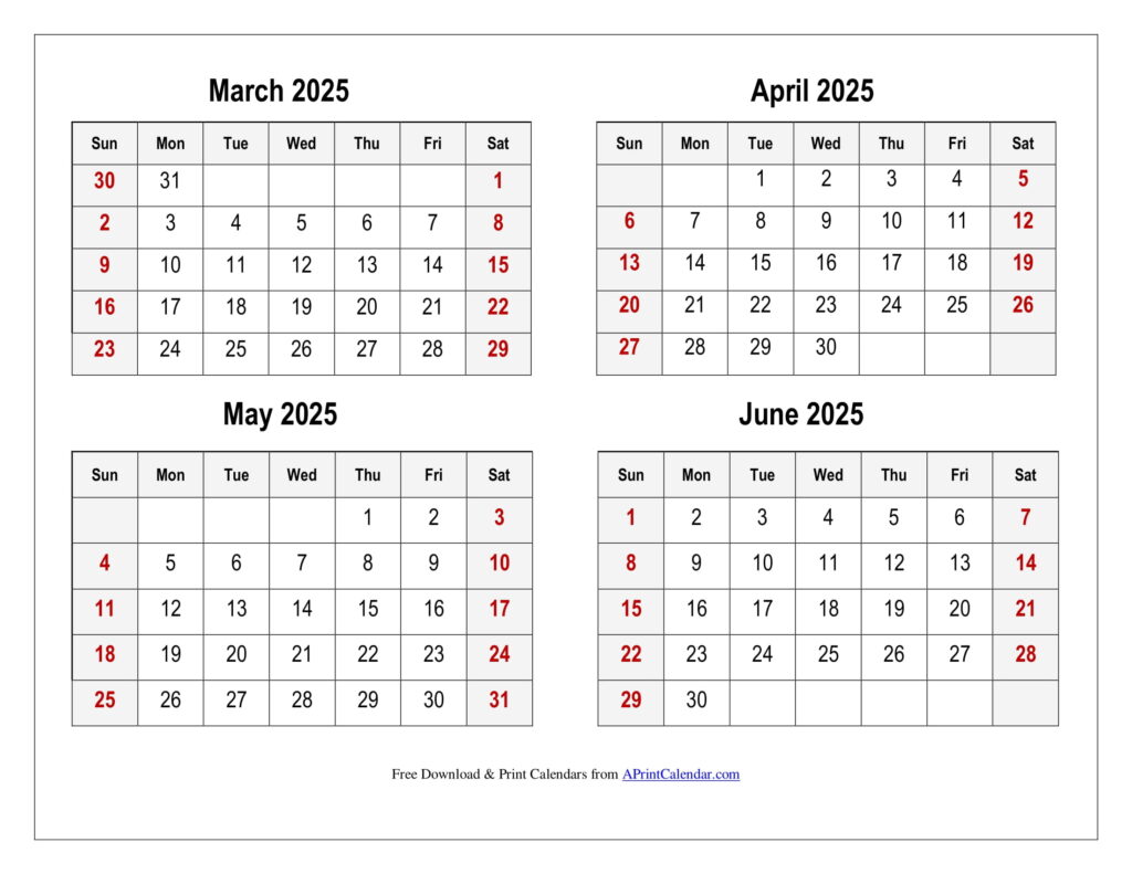 March to June 2025 Calendar