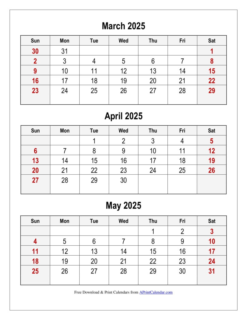 March to May 2025 Calendar