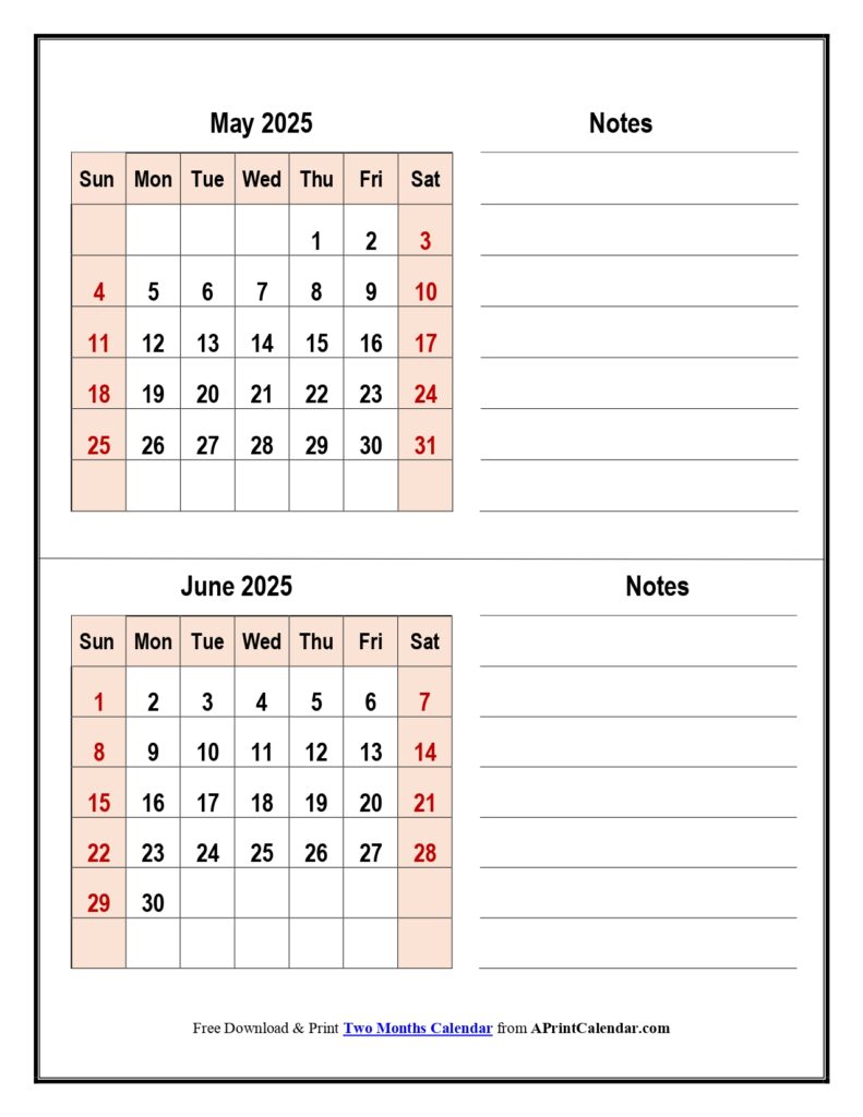 May and June 2025 Calendar with Notes