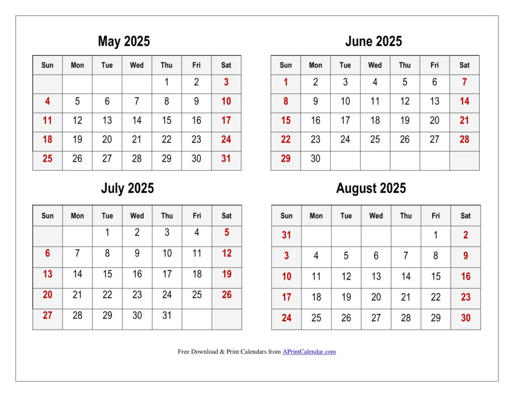 May to August 2025 Calendar