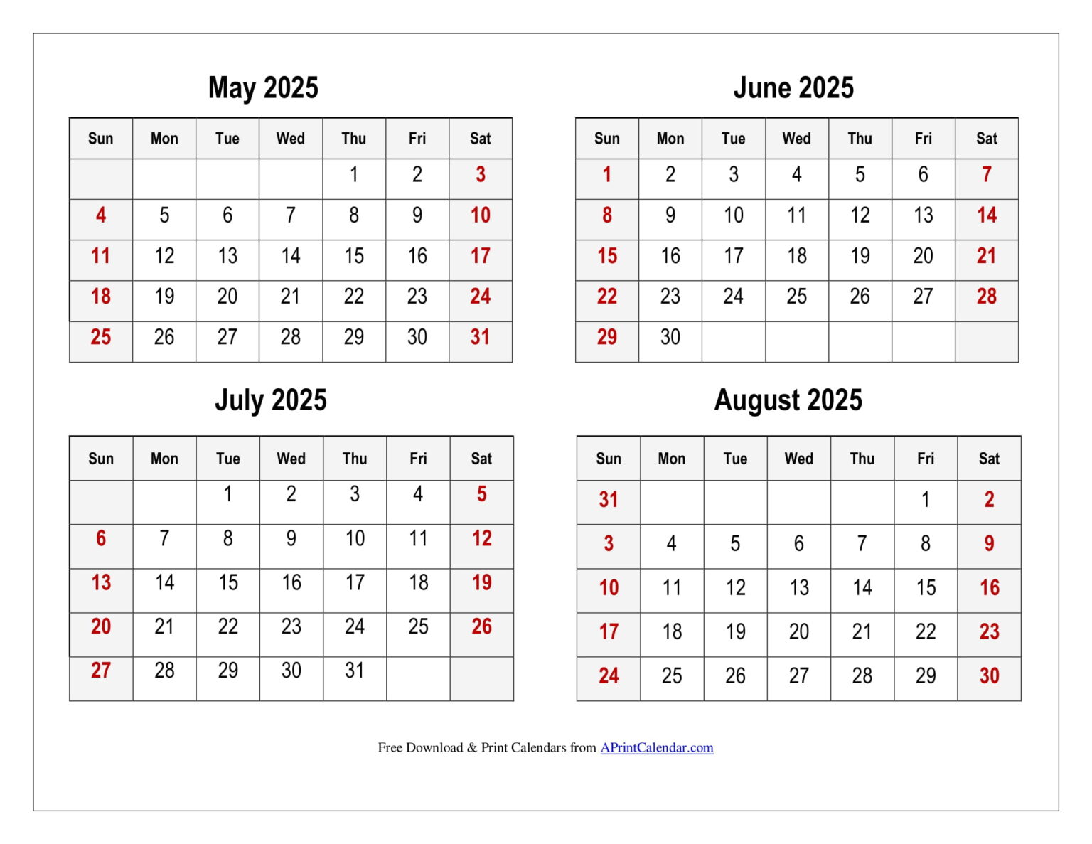 May to August 2026 Calendar Printable PDF | Four Months Calendar