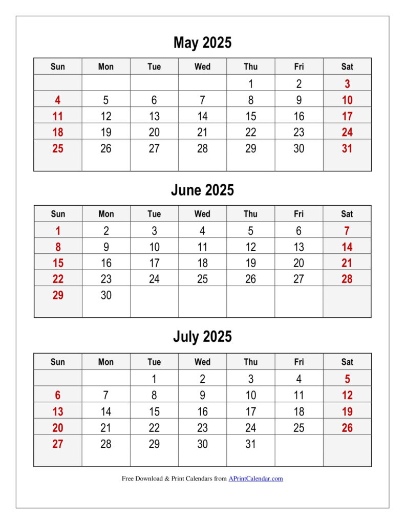 May to July 2025 Calendar