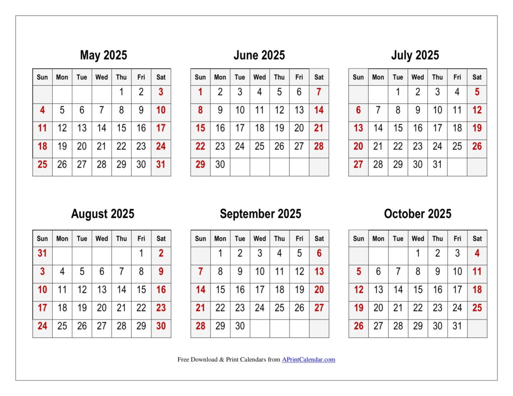 May to October 2025 Calendar