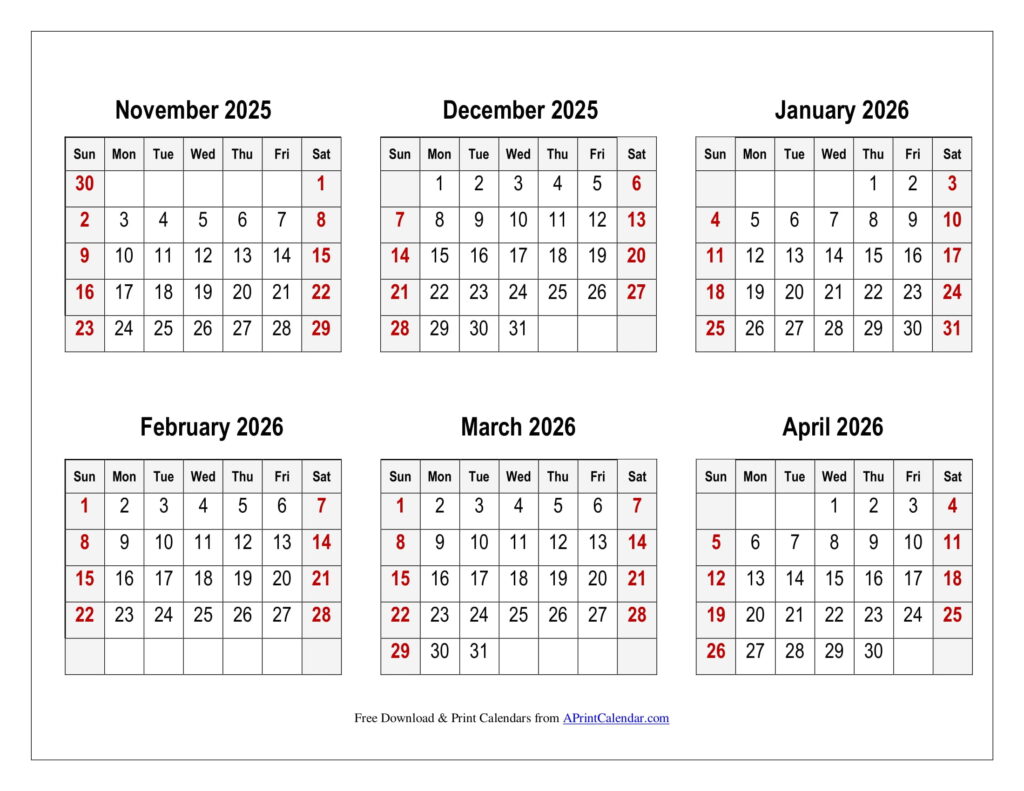 November 2025 to April 2026 Calendar