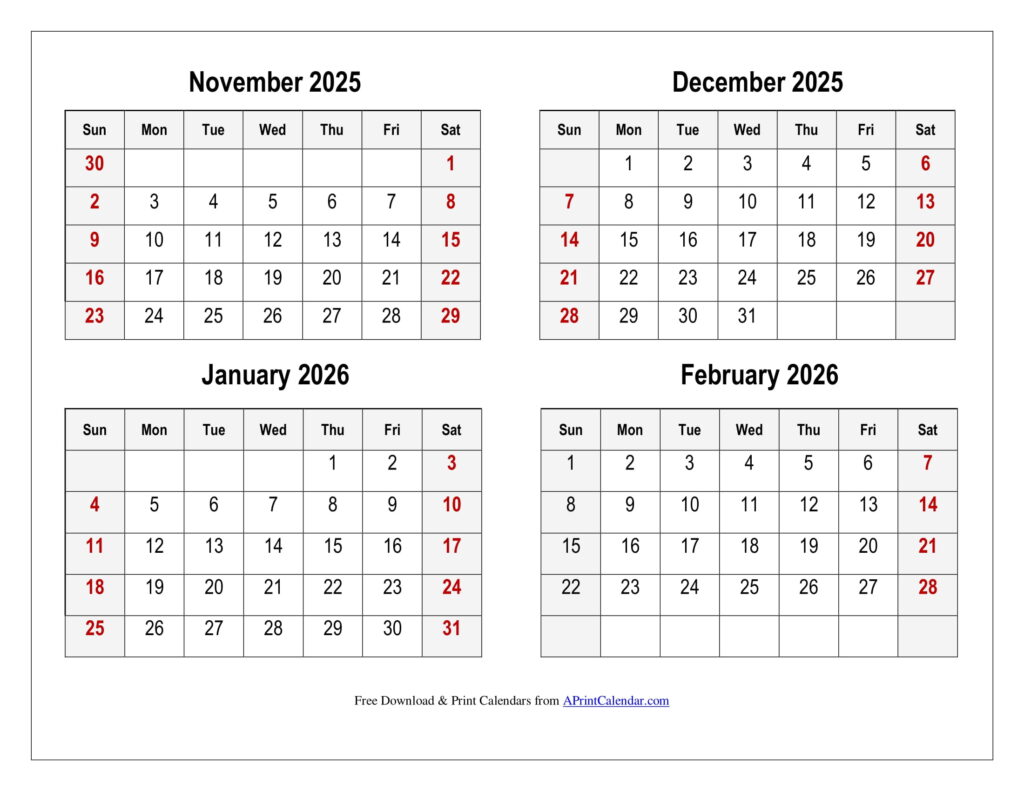 November 2025 to February 2026 Calendar