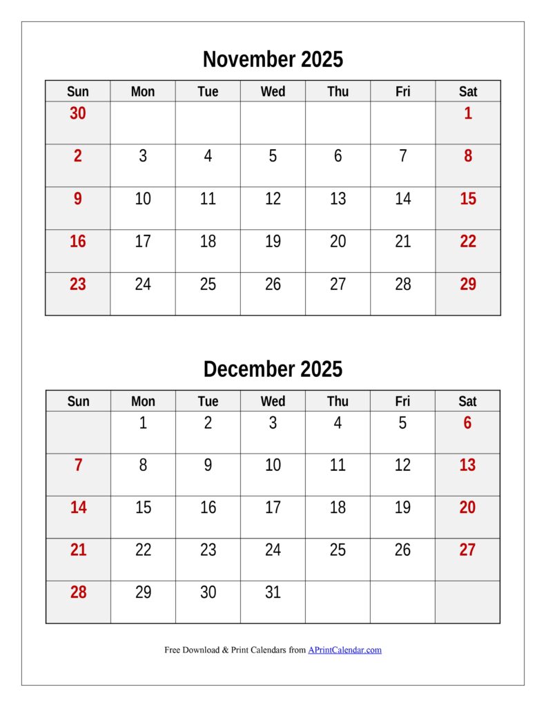 November and December 2025 Calendar