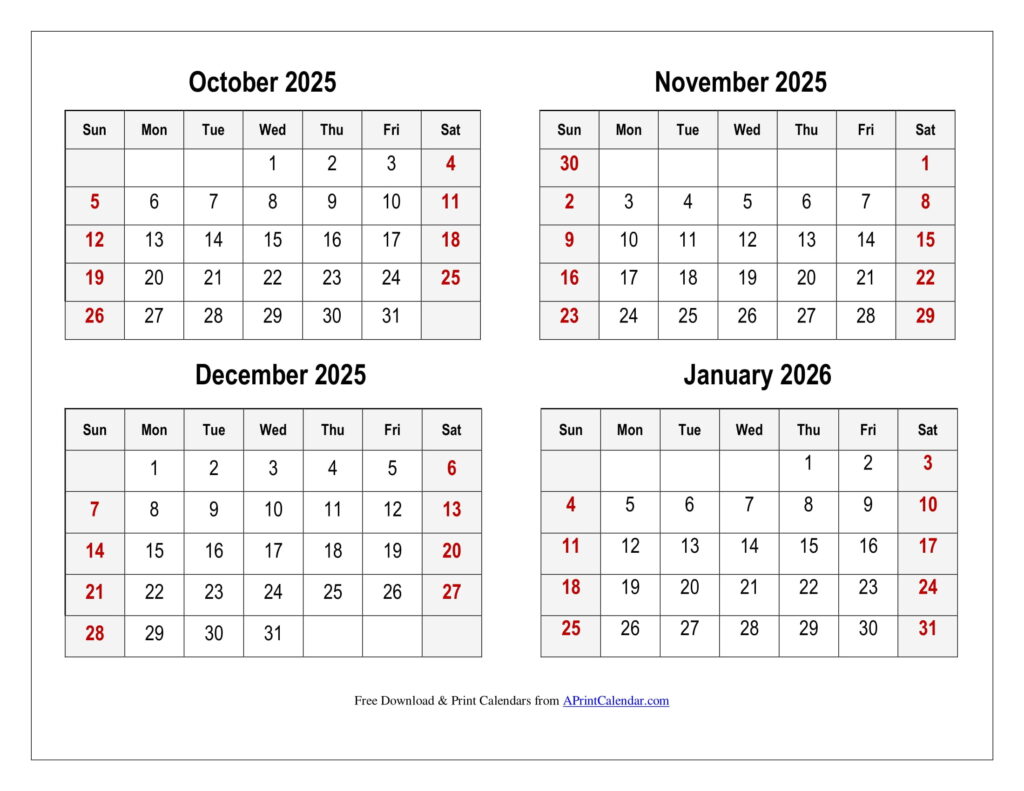 October 2025 to January 2026 Calendar