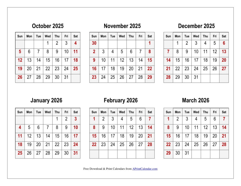 October 2025 to March 2026 Calendar