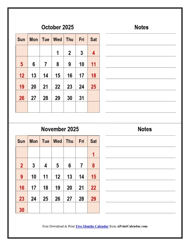 October and November 2025 Calendar with Notes