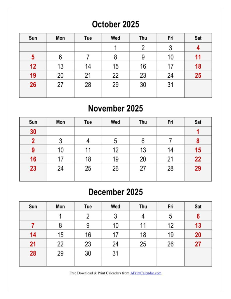 October to December 2025 Calendar