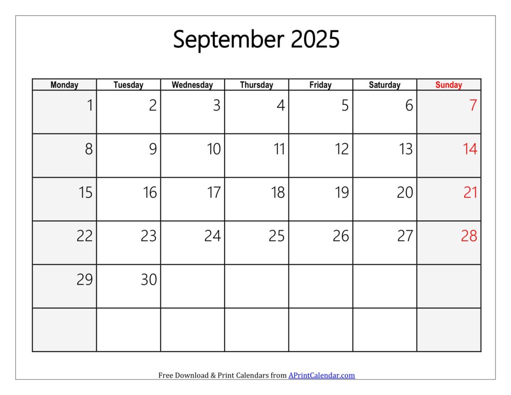 September 2025 Calendar Monday Start