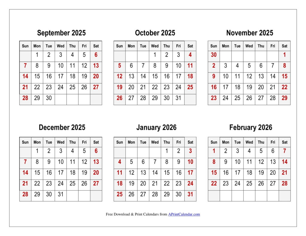 September 2025 to February 2026 Calendar