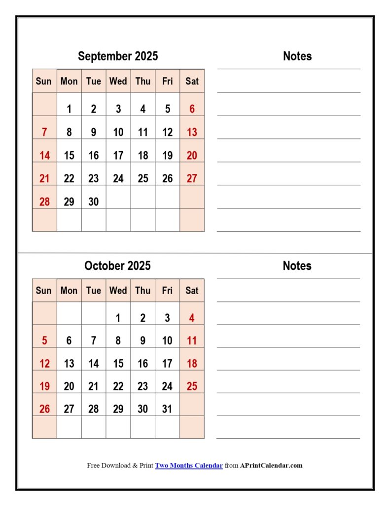 September and October 2025 Calendar with Notes